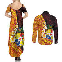 Tonga Culture Couples Matching Summer Maxi Dress and Long Sleeve Button Shirt Ngatu Pattern with Plumeria and Hibiscus