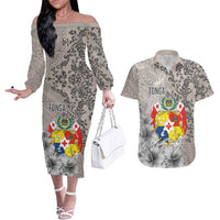Tonga Culture Couples Matching Off The Shoulder Long Sleeve Dress and Hawaiian Shirt Ngatu Pattern and Blooming Hibiscus LT03 Light Gray - Polynesian Pride