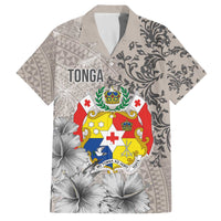 Tonga Culture Family Matching Off The Shoulder Long Sleeve Dress and Hawaiian Shirt Ngatu Pattern and Blooming Hibiscus LT03 Dad's Shirt - Short Sleeve Light Gray - Polynesian Pride