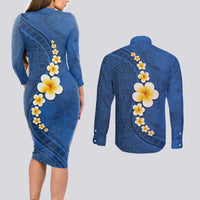 Polynesian Hibiscus and Plumeria with Tapa Pattern Couples Matching Long Sleeve Bodycon Dress and Long Sleeve Button Shirt Blue Color LT03 - Polynesian Pride
