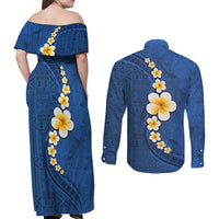 Polynesian Hibiscus and Plumeria with Tapa Pattern Couples Matching Off Shoulder Maxi Dress and Long Sleeve Button Shirt Blue Color LT03 - Polynesian Pride