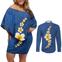 Polynesian Hibiscus and Plumeria with Tapa Pattern Couples Matching Off Shoulder Short Dress and Long Sleeve Button Shirt Blue Color LT03 Blue - Polynesian Pride