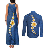 Polynesian Hibiscus and Plumeria with Tapa Pattern Couples Matching Tank Maxi Dress and Long Sleeve Button Shirt Blue Color LT03 - Polynesian Pride
