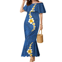 Polynesian Hibiscus and Plumeria with Tapa Pattern Family Matching Mermaid Dress and Hawaiian Shirt Blue Color LT03 Mom's Dress Blue - Polynesian Pride