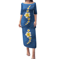Polynesian Hibiscus and Plumeria with Tapa Pattern Family Matching Puletasi and Hawaiian Shirt Blue Color LT03 Mom's Dress Blue - Polynesian Pride