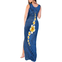 Polynesian Hibiscus and Plumeria with Tapa Pattern Tank Maxi Dress Blue Color