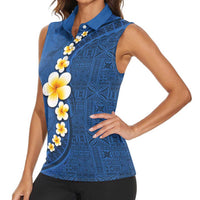 Polynesian Hibiscus and Plumeria with Tapa Pattern Women Sleeveless Polo Shirt Blue Color LT03 - Polynesian Pride