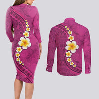 Polynesian Hibiscus and Plumeria with Tapa Pattern Couples Matching Long Sleeve Bodycon Dress and Long Sleeve Button Shirt Pink Color LT03 - Polynesian Pride