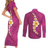 Polynesian Hibiscus and Plumeria with Tapa Pattern Couples Matching Short Sleeve Bodycon Dress and Long Sleeve Button Shirt Pink Color LT03 - Polynesian Pride
