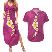Polynesian Hibiscus and Plumeria with Tapa Pattern Couples Matching Summer Maxi Dress and Hawaiian Shirt Pink Color LT03 Pink - Polynesian Pride