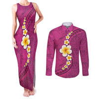 Polynesian Hibiscus and Plumeria with Tapa Pattern Couples Matching Tank Maxi Dress and Long Sleeve Button Shirt Pink Color