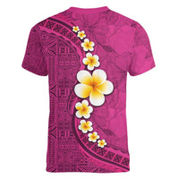 Polynesian Hibiscus and Plumeria with Tapa Pattern Women V-Neck T-Shirt Pink Color LT03 - Polynesian Pride
