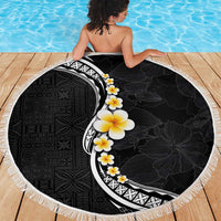 Pacific Hibiscus and Plumeria with Tapa Pattern Beach Blanket Black Color