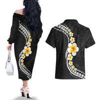 Pacific Hibiscus and Plumeria with Tapa Pattern Couples Matching Off The Shoulder Long Sleeve Dress and Hawaiian Shirt Black Color LT03 - Polynesian Pride