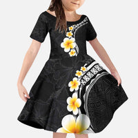 Pacific Hibiscus and Plumeria with Tapa Pattern Family Matching Off The Shoulder Long Sleeve Dress and Hawaiian Shirt Black Color LT03 Daughter's Dress Black - Polynesian Pride