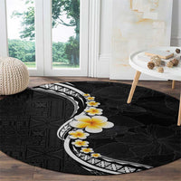 Pacific Hibiscus and Plumeria with Tapa Pattern Round Carpet Black Color