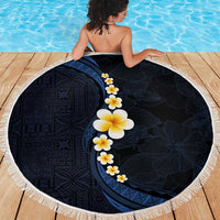 Pacific Hibiscus and Plumeria with Tapa Pattern Beach Blanket Dark Blue Color