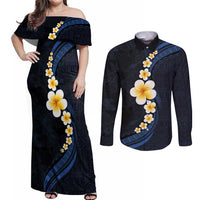 Pacific Hibiscus and Plumeria with Tapa Pattern Couples Matching Off Shoulder Maxi Dress and Long Sleeve Button Shirt Dark Blue Color LT03 Blue - Polynesian Pride