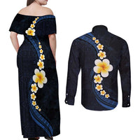 Pacific Hibiscus and Plumeria with Tapa Pattern Couples Matching Off Shoulder Maxi Dress and Long Sleeve Button Shirt Dark Blue Color LT03 - Polynesian Pride