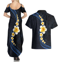 Pacific Hibiscus and Plumeria with Tapa Pattern Couples Matching Summer Maxi Dress and Hawaiian Shirt Dark Blue Color LT03 - Polynesian Pride