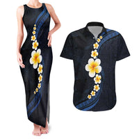 Pacific Hibiscus and Plumeria with Tapa Pattern Couples Matching Tank Maxi Dress and Hawaiian Shirt Dark Blue Color LT03 Blue - Polynesian Pride