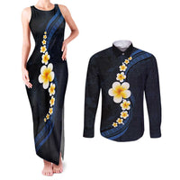 Pacific Hibiscus and Plumeria with Tapa Pattern Couples Matching Tank Maxi Dress and Long Sleeve Button Shirt Dark Blue Color LT03 Blue - Polynesian Pride