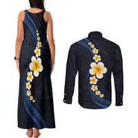 Pacific Hibiscus and Plumeria with Tapa Pattern Couples Matching Tank Maxi Dress and Long Sleeve Button Shirt Dark Blue Color LT03 - Polynesian Pride