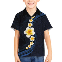 Pacific Hibiscus and Plumeria with Tapa Pattern Family Matching Off Shoulder Short Dress and Hawaiian Shirt Dark Blue Color