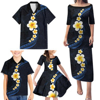 Pacific Hibiscus and Plumeria with Tapa Pattern Family Matching Puletasi and Hawaiian Shirt Dark Blue Color LT03 - Polynesian Pride