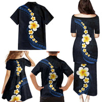 Pacific Hibiscus and Plumeria with Tapa Pattern Family Matching Puletasi and Hawaiian Shirt Dark Blue Color LT03 - Polynesian Pride