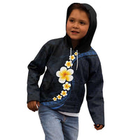 Pacific Hibiscus and Plumeria with Tapa Pattern Kid Hoodie Dark Blue Color