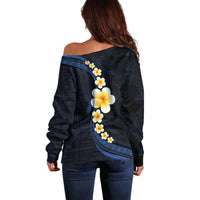 Pacific Hibiscus and Plumeria with Tapa Pattern Off Shoulder Sweater Dark Blue Color