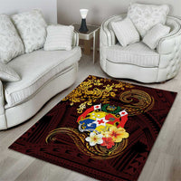 Tonga Ngatu and Hibiscus with Polynesian Tattoo Area Rug Gold and Oxblood Color