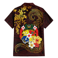 Tonga Ngatu and Hibiscus with Polynesian Tattoo Family Matching Mermaid Dress and Hawaiian Shirt Gold and Oxblood Color