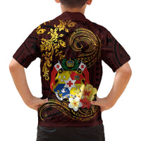 Tonga Ngatu and Hibiscus with Polynesian Tattoo Family Matching Off The Shoulder Long Sleeve Dress and Hawaiian Shirt Gold and Oxblood Color LT03 - Polynesian Pride