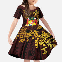 Tonga Ngatu and Hibiscus with Polynesian Tattoo Family Matching Off The Shoulder Long Sleeve Dress and Hawaiian Shirt Gold and Oxblood Color LT03 Daughter's Dress Oxblood - Polynesian Pride