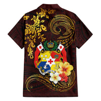Tonga Ngatu and Hibiscus with Polynesian Tattoo Family Matching Off The Shoulder Long Sleeve Dress and Hawaiian Shirt Gold and Oxblood Color LT03 - Polynesian Pride