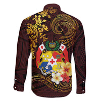 Tonga Ngatu and Hibiscus with Polynesian Tattoo Family Matching Off The Shoulder Long Sleeve Dress and Hawaiian Shirt Gold and Oxblood Color LT03 - Polynesian Pride