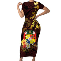 Tonga Ngatu and Hibiscus with Polynesian Tattoo Short Sleeve Bodycon Dress Gold and Oxblood Color