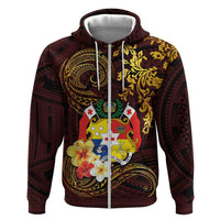 Tonga Ngatu and Hibiscus with Polynesian Tattoo Zip Hoodie Gold and Oxblood Color LT03 Zip Hoodie Oxblood - Polynesian Pride
