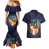 Tonga Vava'u Humpback Whale Blue Water Couples Matching Mermaid Dress and Hawaiian Shirt Polynesian Hibiscus Flowers
