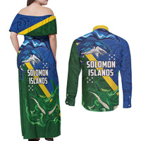Solomon Islands Polynesian Tribal Shark and Crocodile Couples Matching Off Shoulder Maxi Dress and Long Sleeve Button Shirt