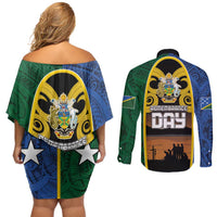 Solomon Islands Remembrance Day Couples Matching Off Shoulder Short Dress and Long Sleeve Button Shirt Lest We Forget and Polynesian Tattoo Pattern