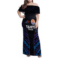 Personalised Tahiti Triathlon Polynesian Pattern Family Matching Off Shoulder Maxi Dress and Hawaiian Shirt LT03 Mom's Dress Black - Polynesian Pride