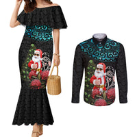 Personalized New Zealand Christmas Couples Matching Mermaid Dress and Long Sleeve Button Shirt Maori Santa Pikorua and Pohutukawa Meri Kirihimete LT03 Black - Polynesian Pride