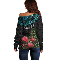 Personalized New Zealand Christmas Off Shoulder Sweater Maori Santa Pikorua and Pohutukawa Meri Kirihimete LT03 - Polynesian Pride