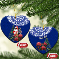 Personalized New Zealand Christmas Ceramic Ornament Maori Santa Pikorua and Pohutukawa Meri Kirihimete Blue LT03 Heart Blue - Polynesian Pride
