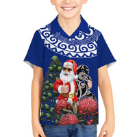 Personalized New Zealand Christmas Family Matching Tank Maxi Dress and Hawaiian Shirt Maori Santa Pikorua and Pohutukawa Meri Kirihimete Blue LT03 Son's Shirt Blue - Polynesian Pride