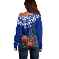 Personalized New Zealand Christmas Off Shoulder Sweater Maori Santa Pikorua and Pohutukawa Meri Kirihimete Blue LT03 - Polynesian Pride