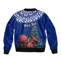 Personalized New Zealand Christmas Sleeve Zip Bomber Jacket Maori Santa Pikorua and Pohutukawa Meri Kirihimete Blue LT03 - Polynesian Pride